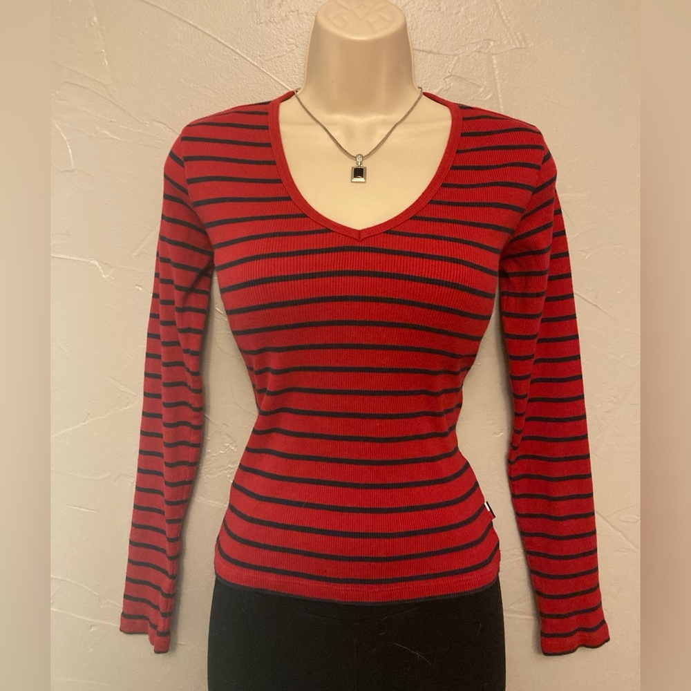 Tommy Hilfiger Red and Black Striped Long Sleeve Tee